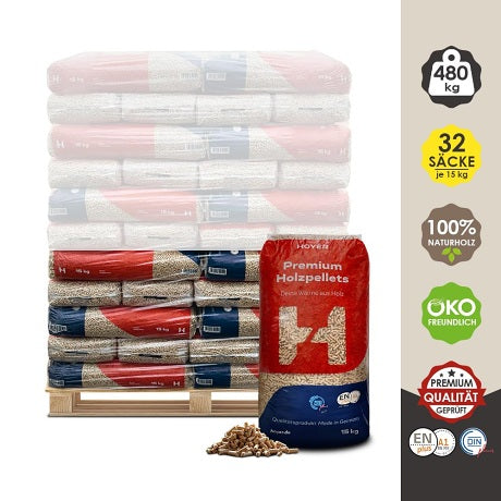 Holzpellets Hoyer ENplus A1 480 kg 32 Säcke je 15 kg