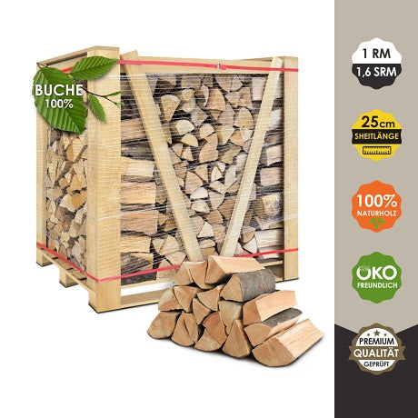 Brennholz Buche 25 cm – 1,6 SRM kammergetrocknet, ofenfertig – sofort einsatzbereit